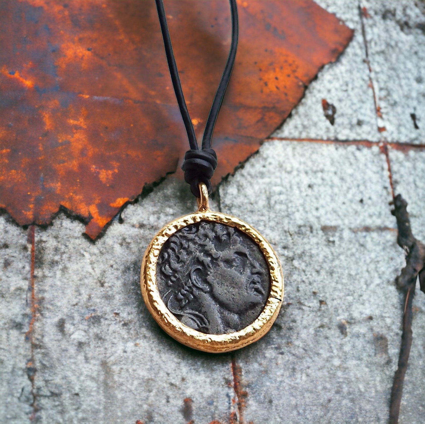 Men’s Leather Cord Necklace with Greek Coin Replica Pendant – Ancient Roman Greek History Jewelry