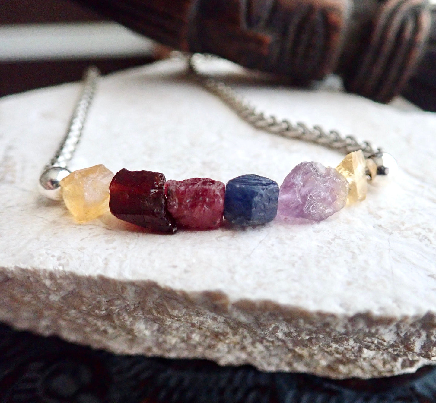 Custom Men’s Birthstone Necklace – Family Gemstones on Rugged Stainless Steel Wheat Chain