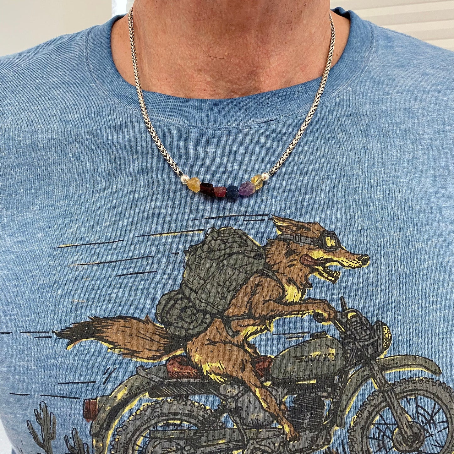 Custom Men’s Birthstone Necklace – Family Gemstones on Rugged Stainless Steel Wheat Chain