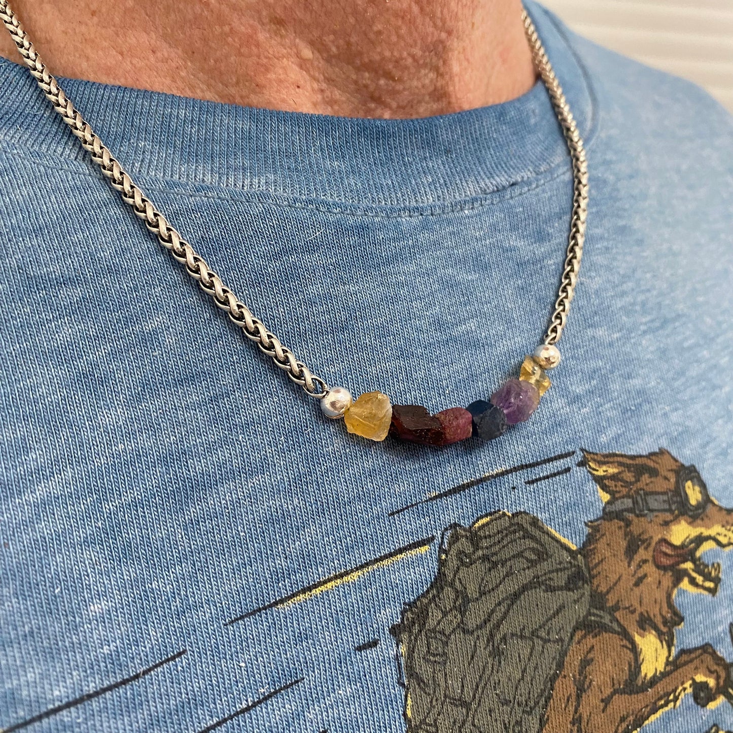 Custom Men’s Birthstone Necklace – Family Gemstones on Rugged Stainless Steel Wheat Chain