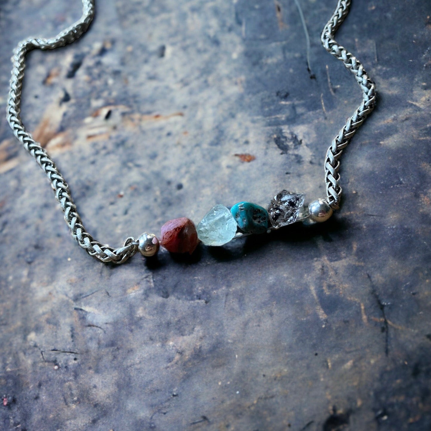 Custom Men’s Birthstone Necklace – Family Gemstones on Rugged Stainless Steel Wheat Chain