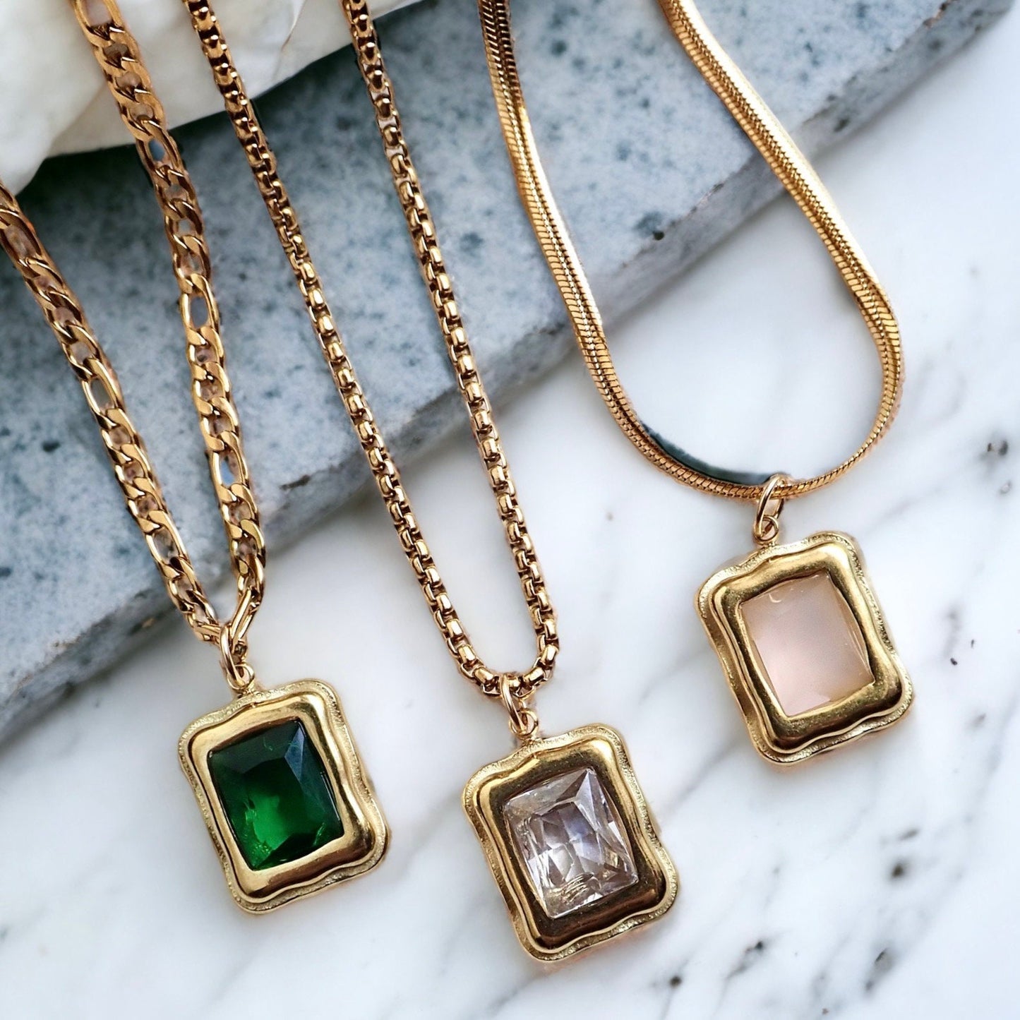 Gemstone Pendant Necklace WATERPROOF Jewelry, Minimalist Gemstone Statement Necklace, Layering Crystal Necklace, Rectangle Stone Pendant