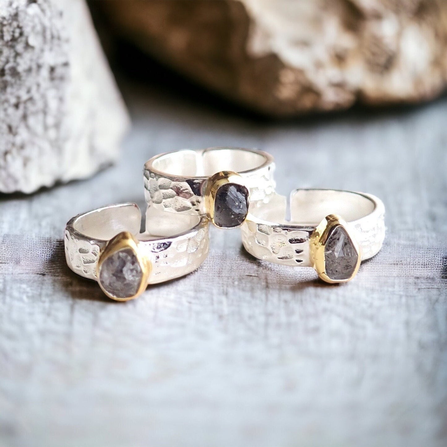 Hammered Silver Herkimer Diamond Ring -Wide Band Gemstone Ring ,April Birthstone Gift