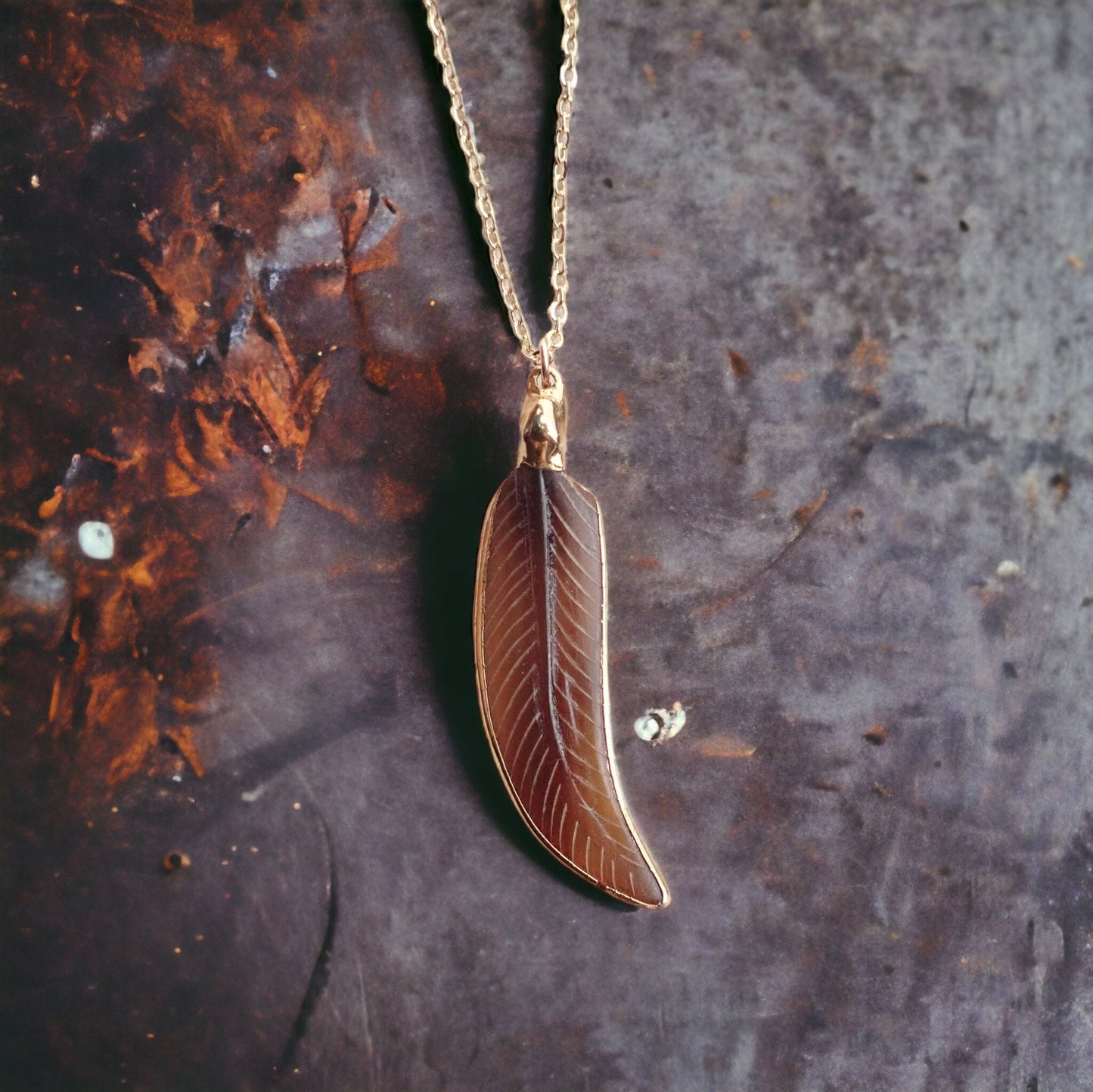 Hand Carved Feather Pendant – Gold Filled Chain, Tribal Boho Vibes