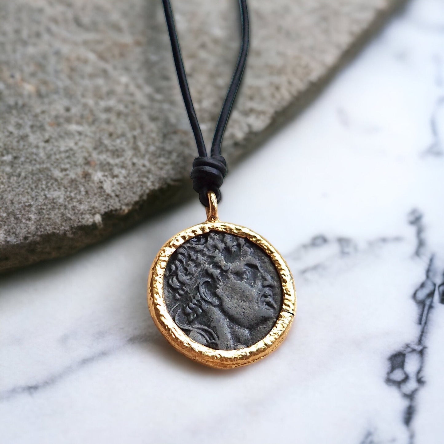 Men’s Leather Cord Necklace with Greek Coin Replica Pendant – Ancient Roman Greek History Jewelry
