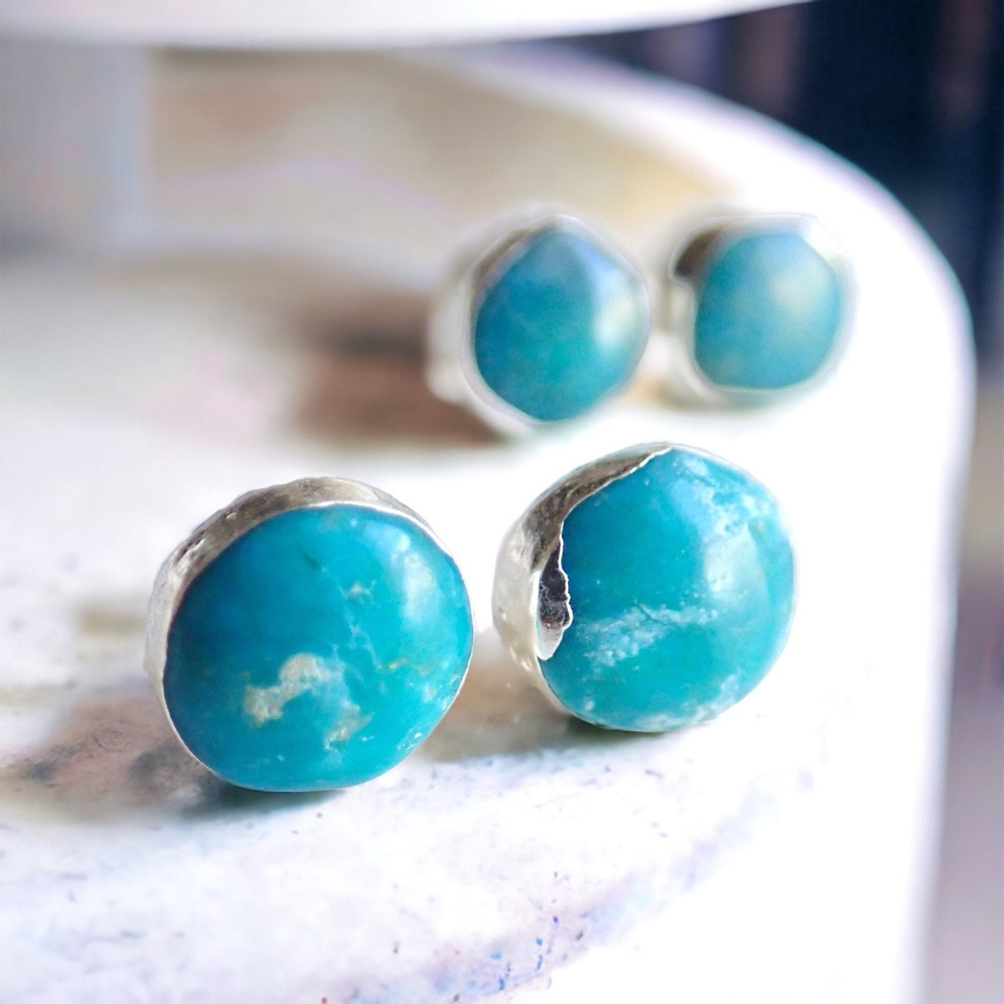Natural Turquoise Stud Earrings inSilver – Raw Gemstone Post Earrings – December Birthstone – Boho Minimalist Gift for Her,Turquoise Jewelry