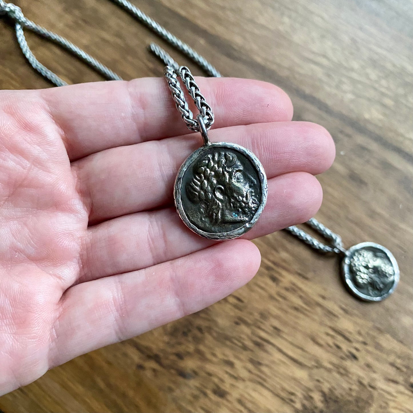 Men’s Silver Pendant Necklace with Greek Coin Replica – Stainless Steel Wheat Chain – Vintage Ancient History Symbol Jewelry