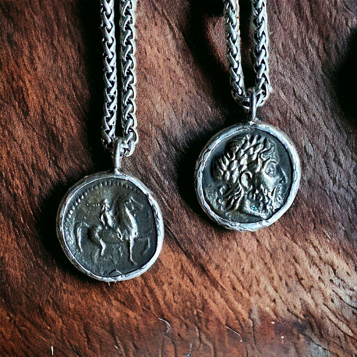 Men’s Silver Pendant Necklace with Greek Coin Replica – Stainless Steel Wheat Chain – Vintage Ancient History Symbol Jewelry
