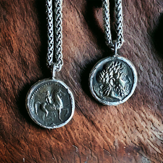 Men’s Silver Pendant Necklace with Greek Coin Replica – Stainless Steel Wheat Chain – Vintage Ancient History Symbol Jewelry