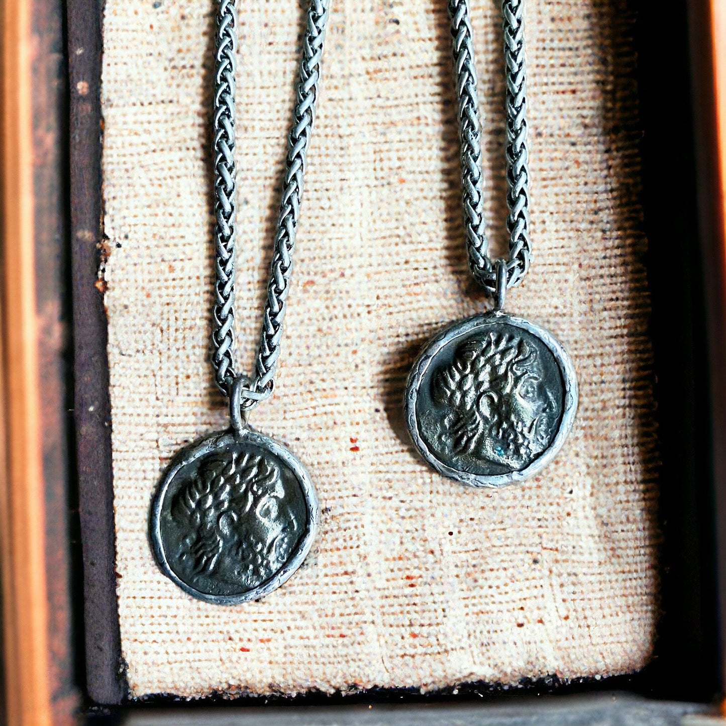Men’s Silver Pendant Necklace with Greek Coin Replica – Stainless Steel Wheat Chain – Vintage Ancient History Symbol Jewelry