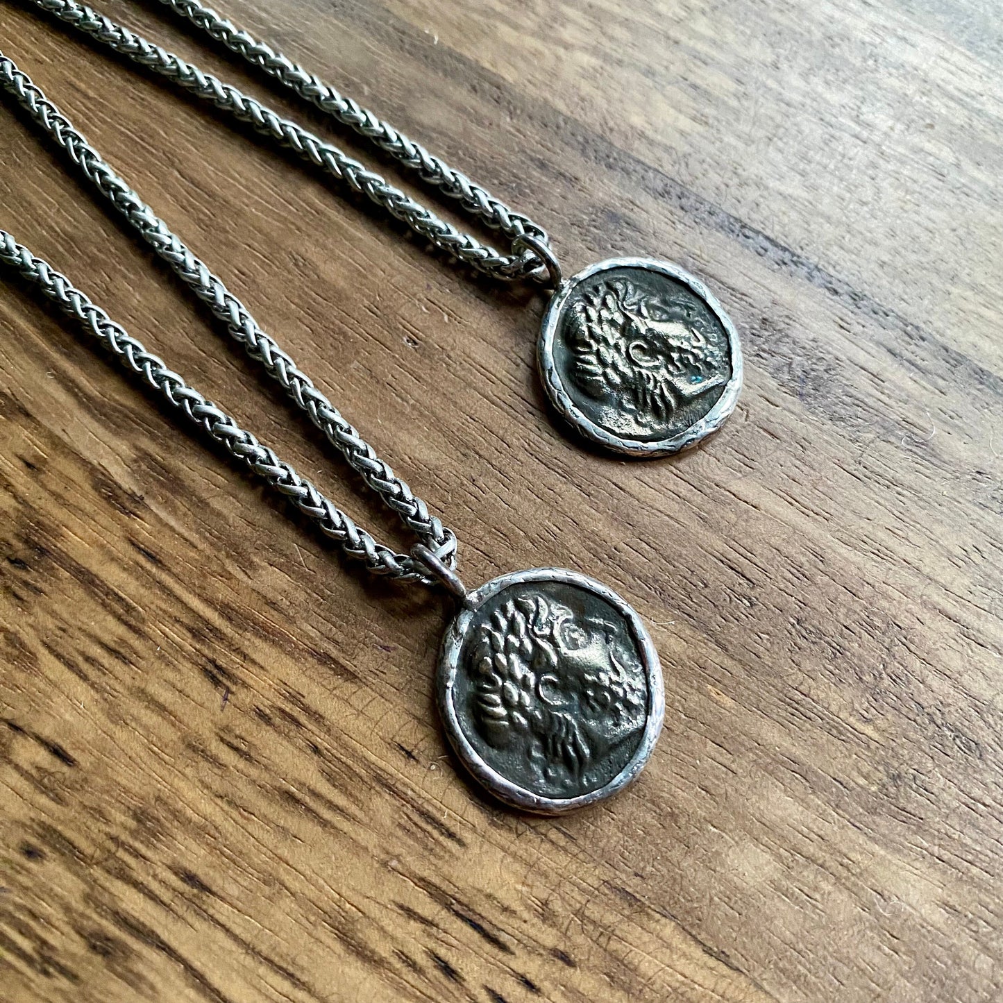 Men’s Silver Pendant Necklace with Greek Coin Replica – Stainless Steel Wheat Chain – Vintage Ancient History Symbol Jewelry