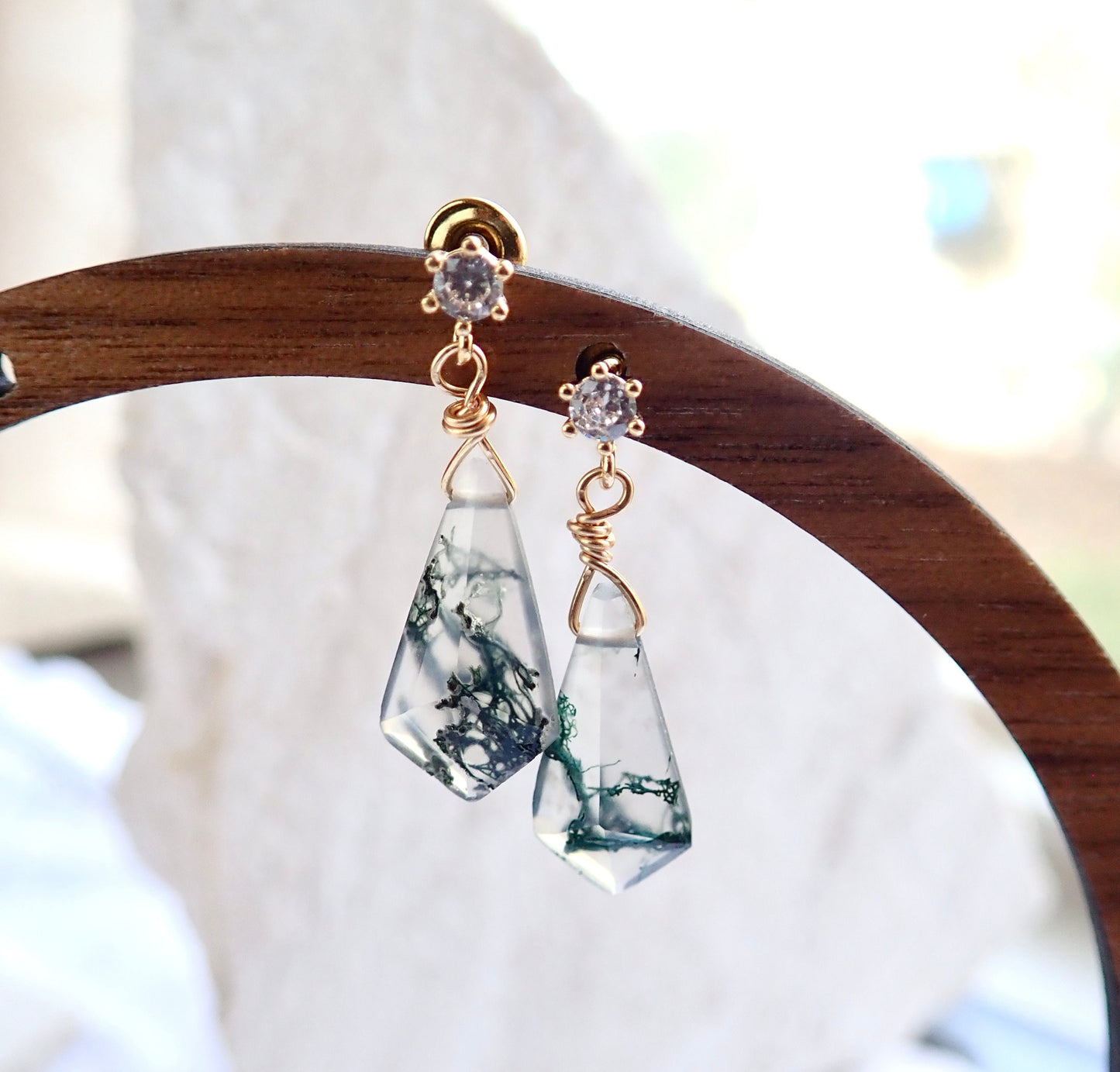 Moss Agate Stud Earrings, Crystal Dangle Earrings, 14K Gold Fill - Kite Shaped Gemstone