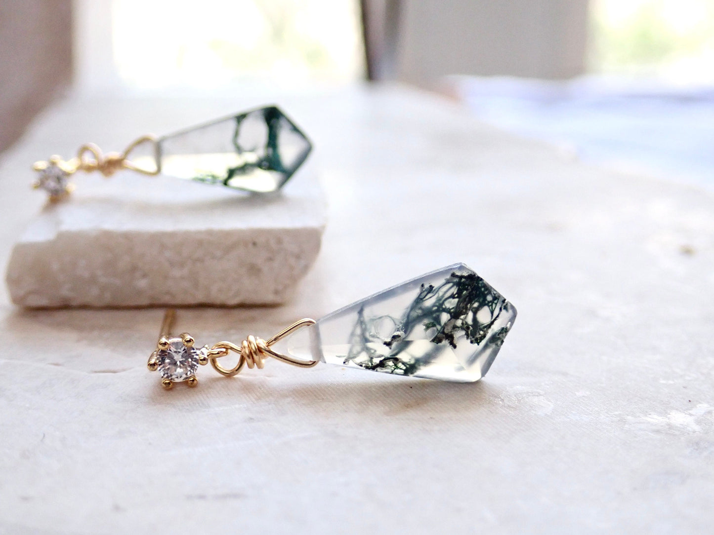 Moss Agate Stud Earrings, Crystal Dangle Earrings, 14K Gold Fill - Kite Shaped Gemstone