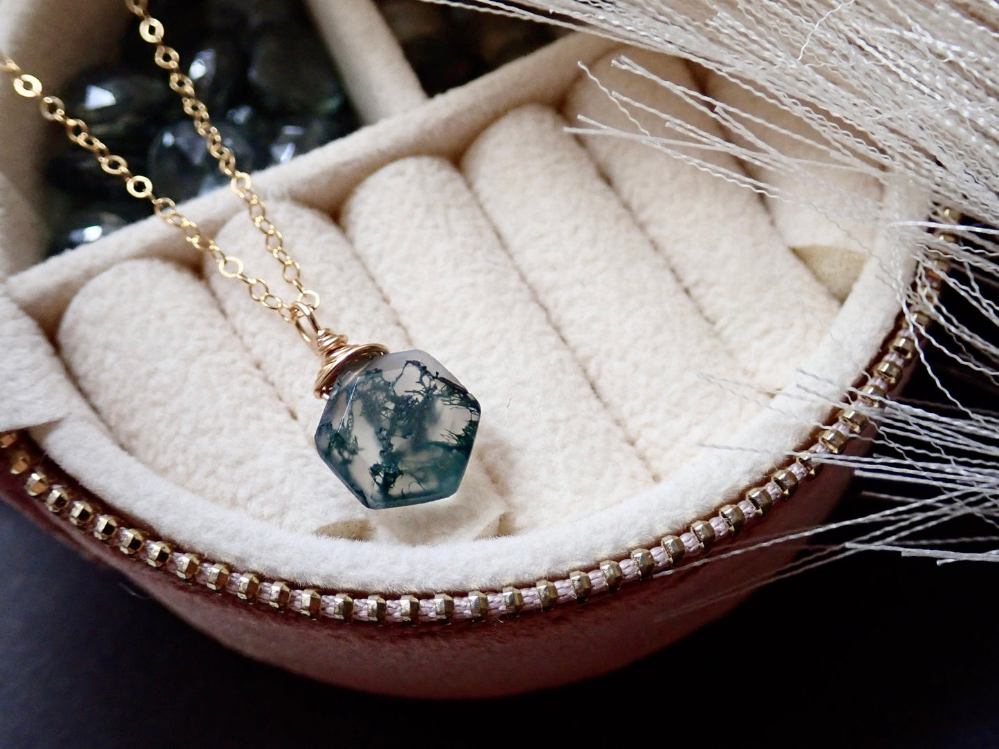 Moss Agate Necklace - Hexagon Cut Gemstone -18K Gold Filled Chain