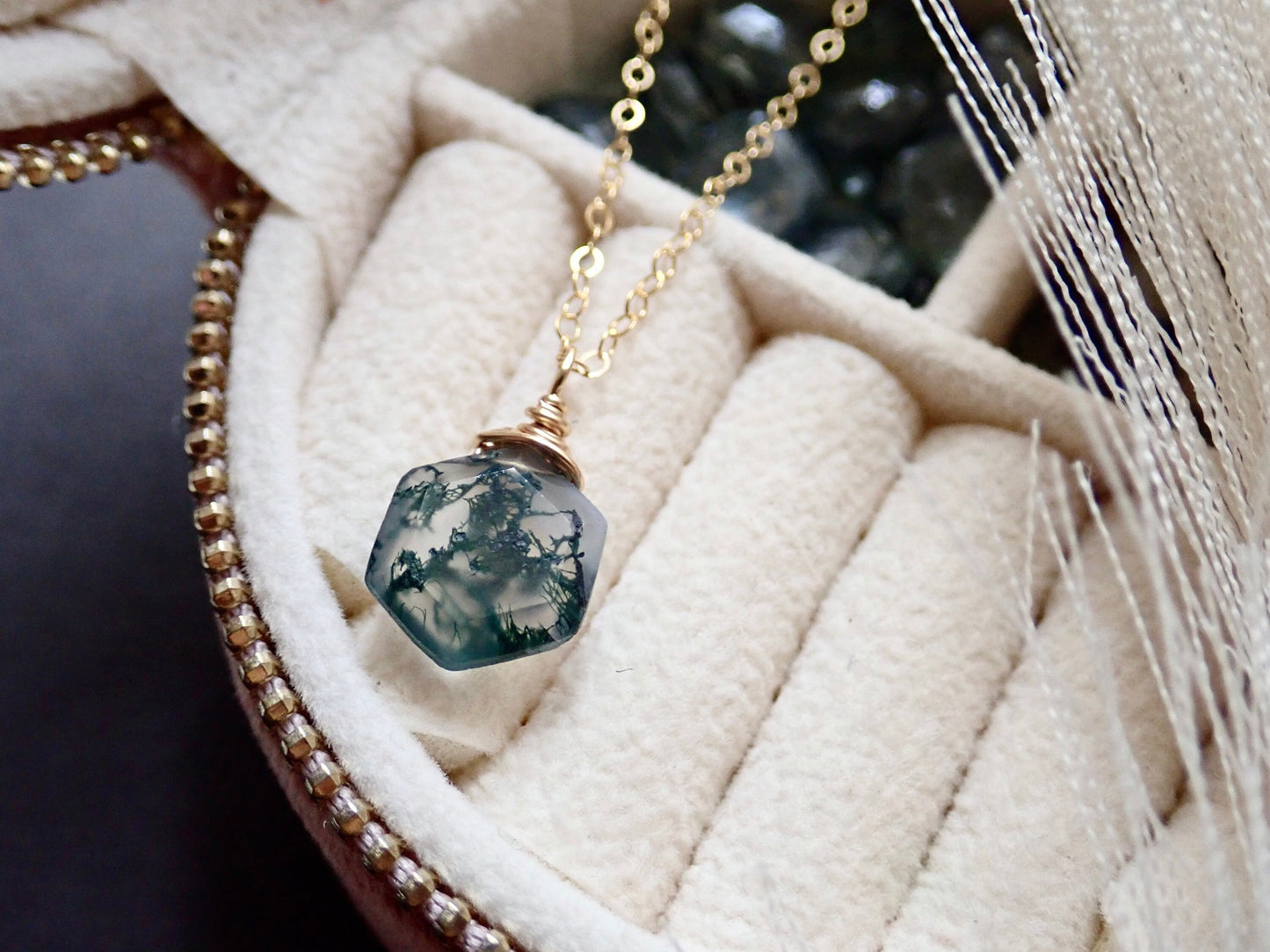 Moss Agate Necklace - Hexagon Cut Gemstone -18K Gold Filled Chain