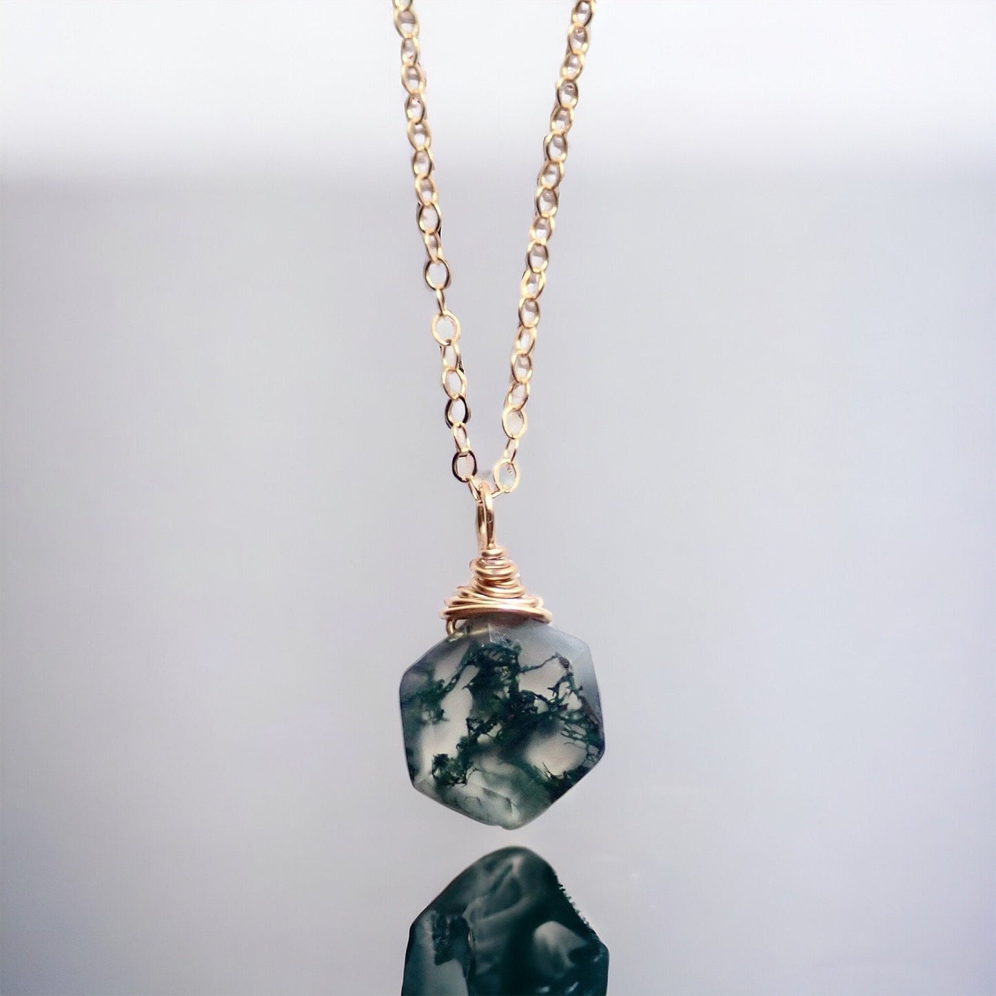 Moss Agate Necklace - Hexagon Cut Gemstone -18K Gold Filled Chain