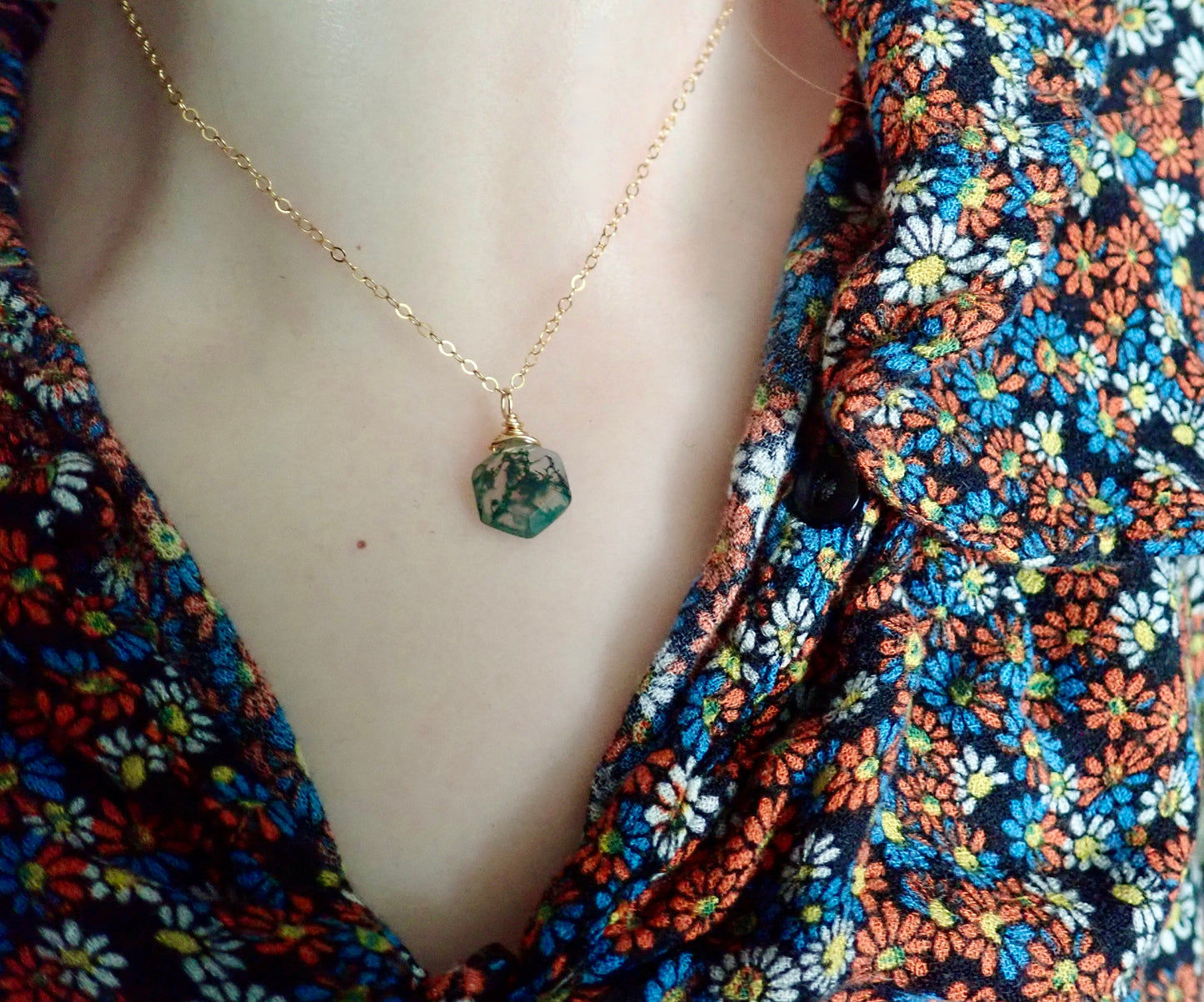 Moss Agate Necklace - Hexagon Cut Gemstone -18K Gold Filled Chain