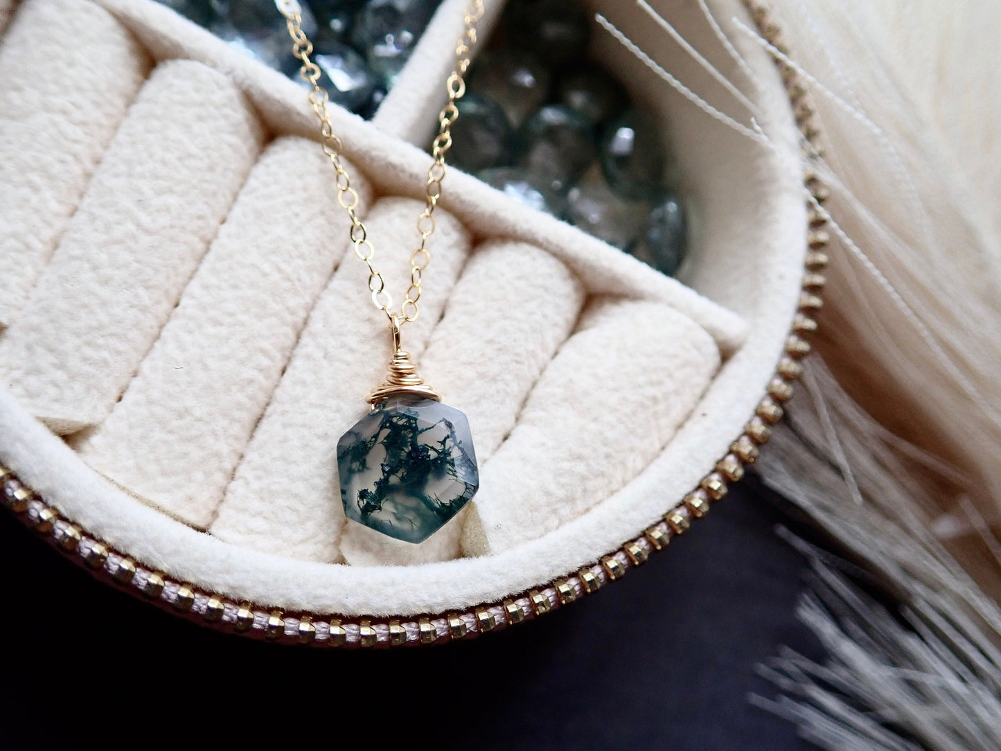 Moss Agate Necklace - Hexagon Cut Gemstone -18K Gold Filled Chain