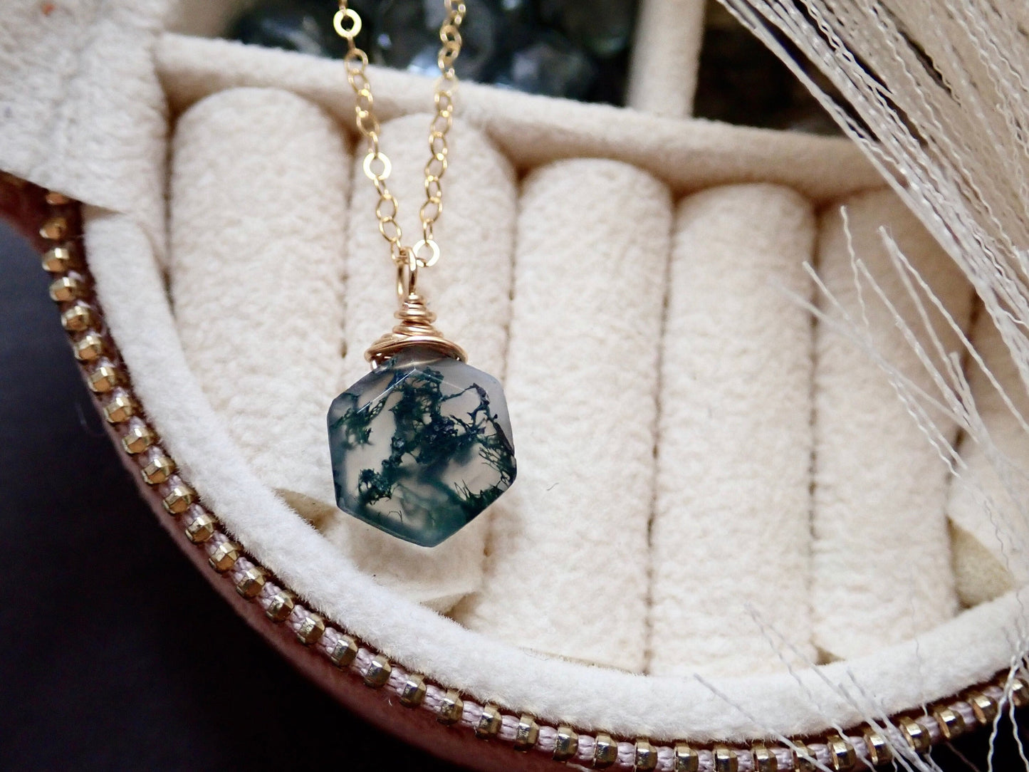 Moss Agate Necklace - Hexagon Cut Gemstone -18K Gold Filled Chain