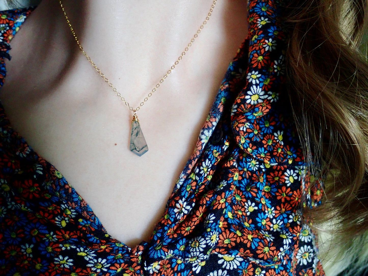 Moss Agate Pendant Necklace - 18 Gold Fill Kite Shaped Gemstone