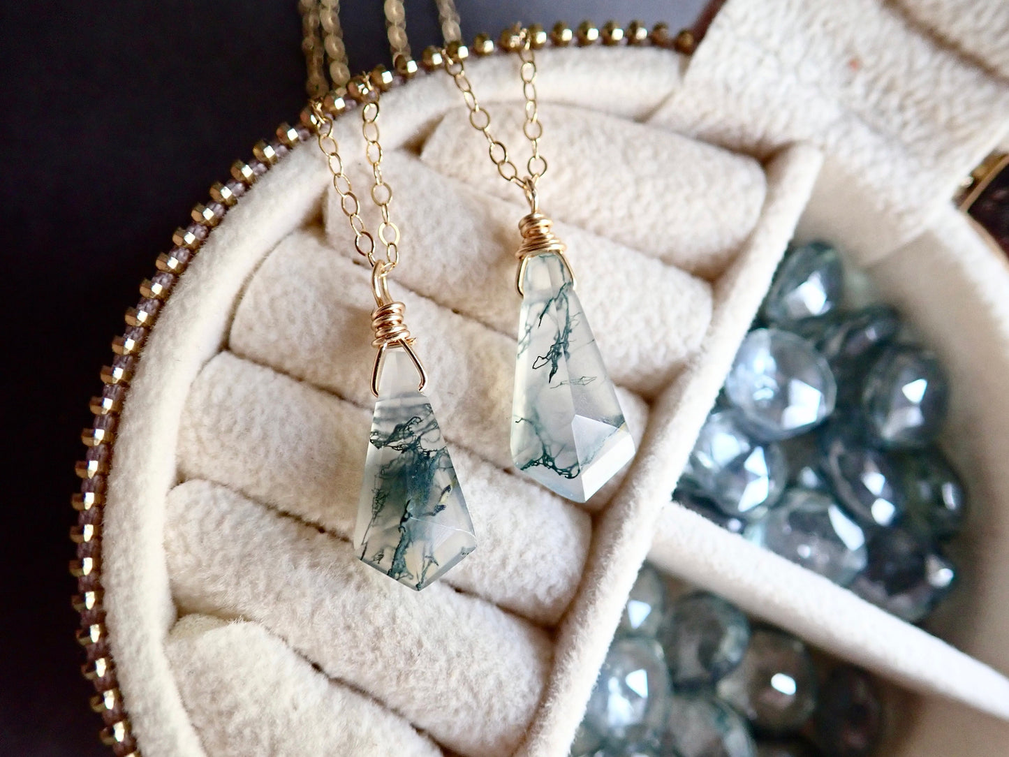 Moss Agate Pendant Necklace - 18 Gold Fill Kite Shaped Gemstone