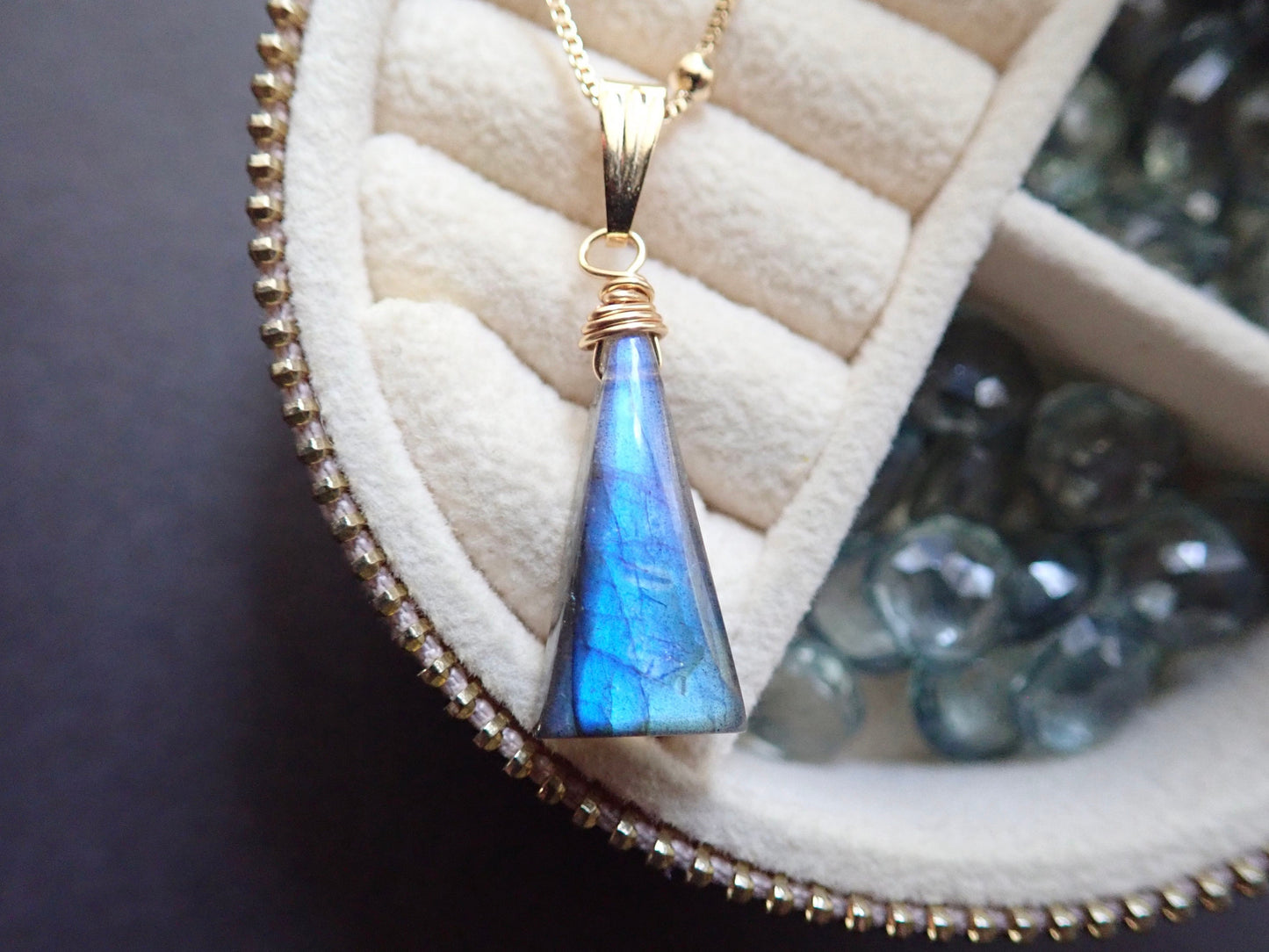 Minimalist Labradorite Necklace – Blue Flash Crystal Pendant in 14k Gold Fill on 18k Gold Fill Chain
