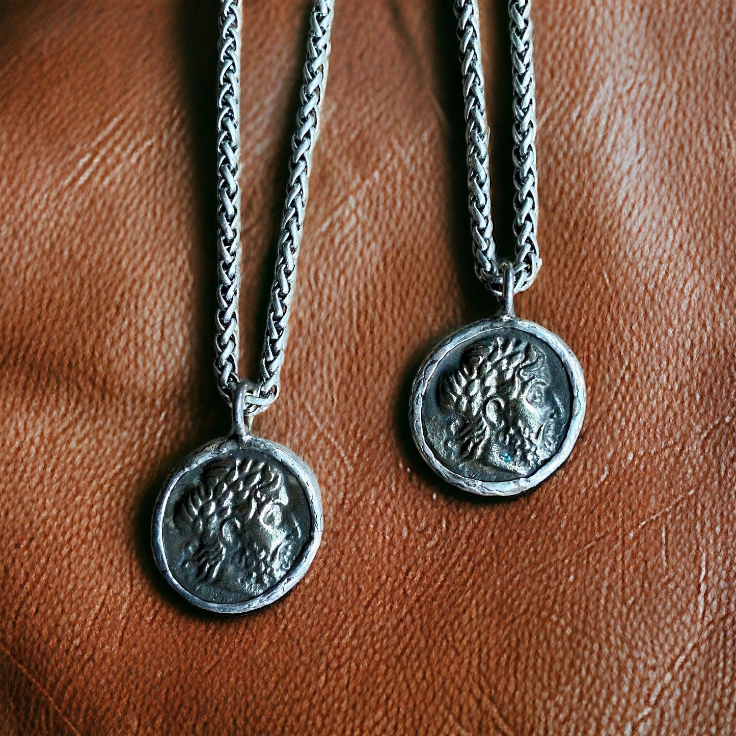 Men’s Silver Pendant Necklace with Greek Coin Replica – Stainless Steel Wheat Chain – Vintage Ancient History Symbol Jewelry