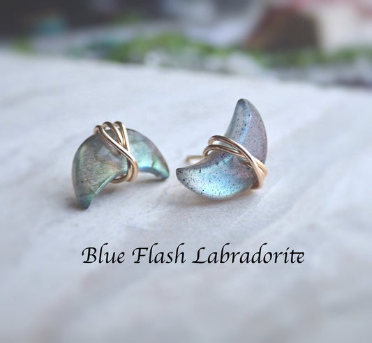 Labradorite Gemstone Stud Earrings, Crescent Moon Earrings, Wire Wrap Crystal Studs,Celestial Jewelry,Half Moon Earrings,Labradorite Jewelry