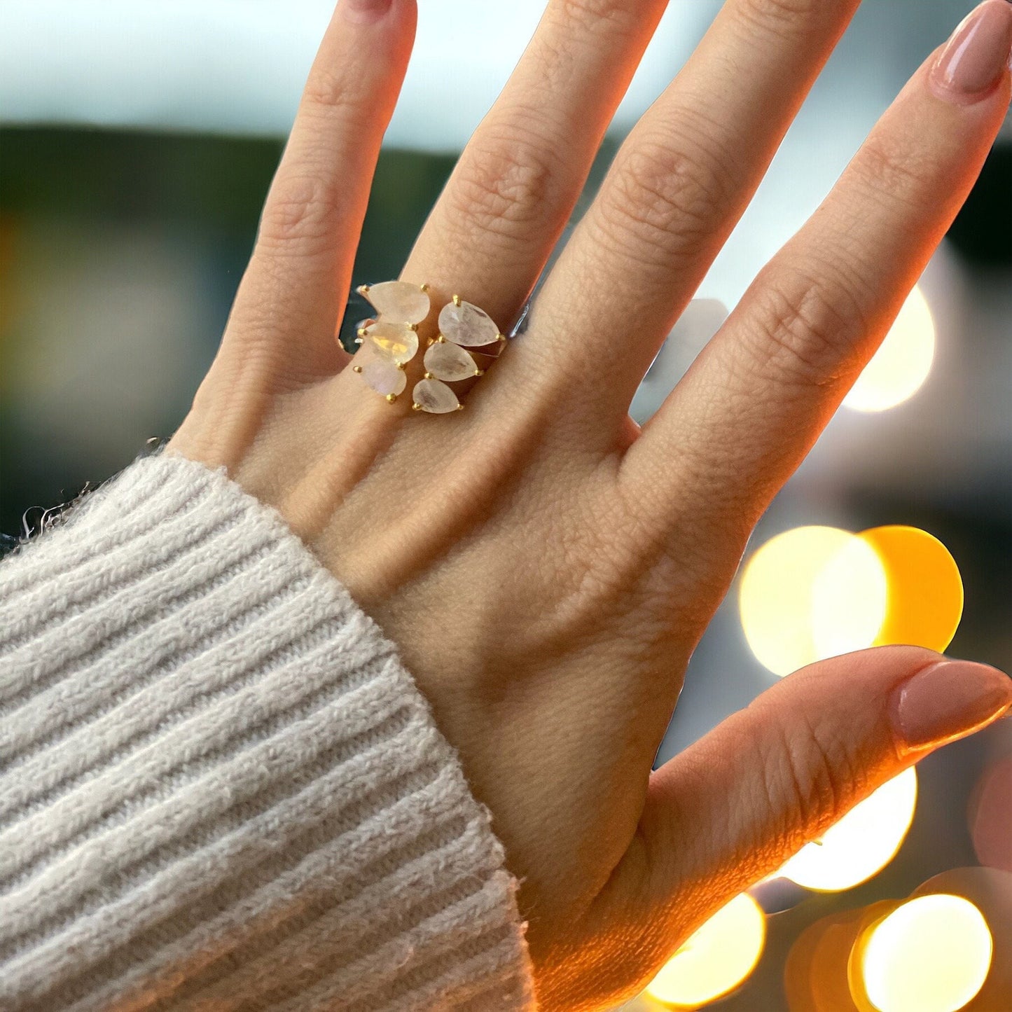 Open Moonstone Gemstone Ring Gold, Moonstone Jewelry, Gold Crystal Cocktail Ring, Adjustable Statement Ring for Women, June Birthstone Ring