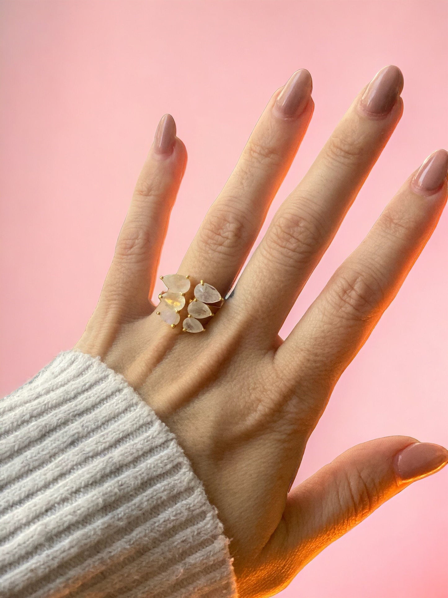 Open Moonstone Gemstone Ring Gold, Moonstone Jewelry, Gold Crystal Cocktail Ring, Adjustable Statement Ring for Women, June Birthstone Ring