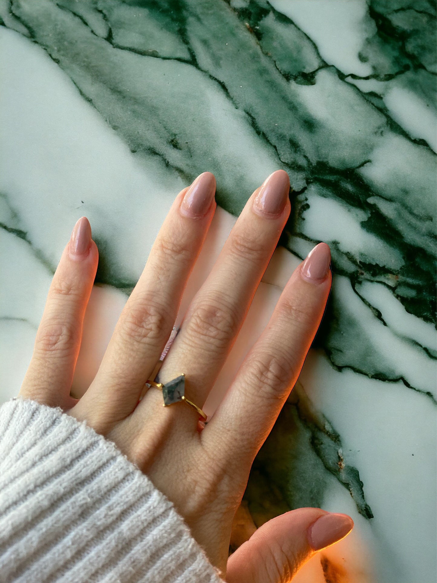 Moss Agate Solitaire Ring Silver - Kite Shaped Gemstone - Engagement Promise Anniversary Ring for Women