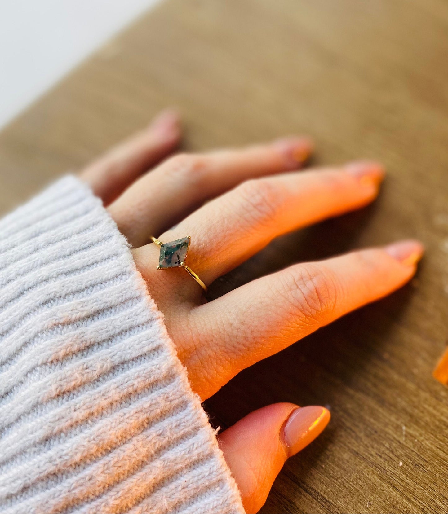 Moss Agate Ring - Kite Shape Gemstone Ring - Gold Vermeil Crystal Ring Gold