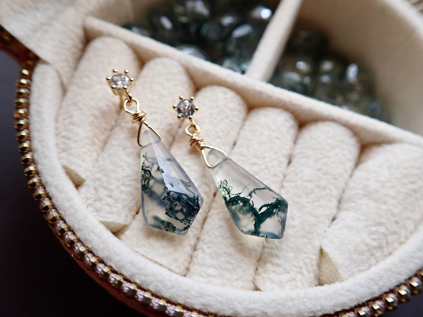 Moss Agate Stud Earrings, Crystal Dangle Earrings, 14K Gold Fill - Kite Shaped Gemstone