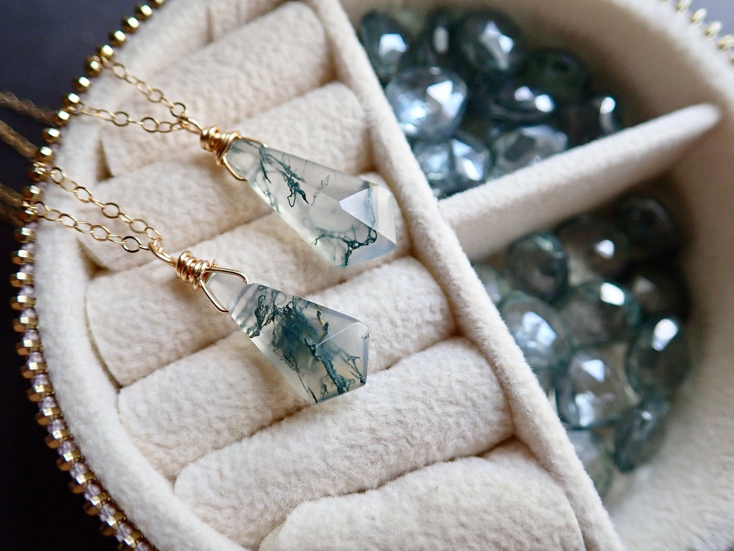 Moss Agate Pendant Necklace - 18 Gold Fill Kite Shaped Gemstone