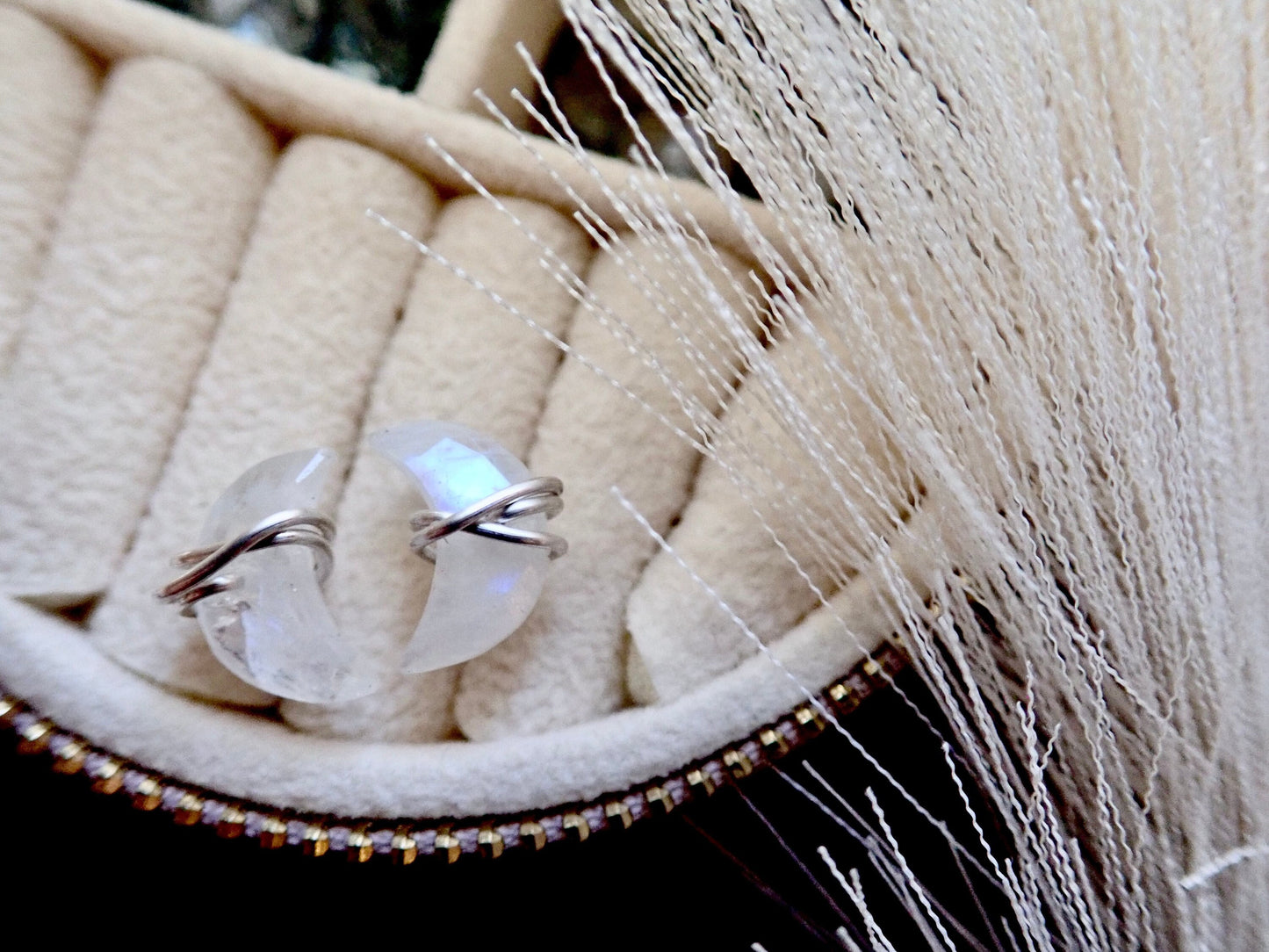 Moonstone Stud Earrings, Crescent Moon Post Earrings, Wire Wrap Gemstone Earrings,June Birthstone Gift, Moonstone Jewelry,Wire Wrap Crystal