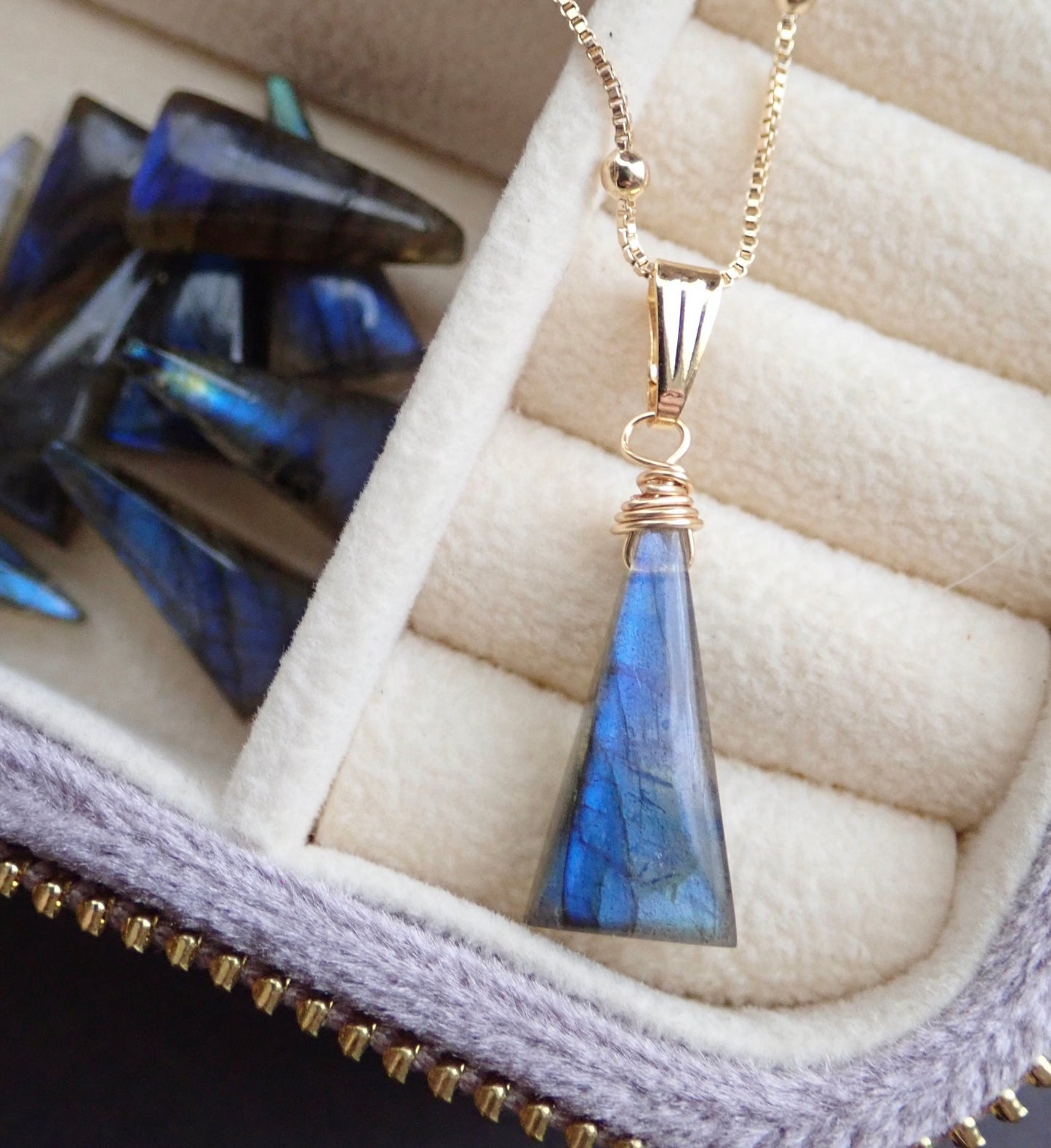 Minimalist Labradorite Necklace – Blue Flash Crystal Pendant in 14k Gold Fill on 18k Gold Fill Chain