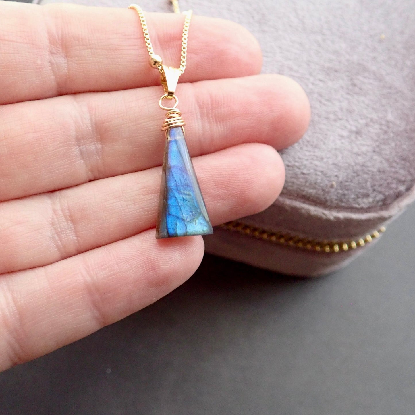 Minimalist Labradorite Necklace – Blue Flash Crystal Pendant in 14k Gold Fill on 18k Gold Fill Chain