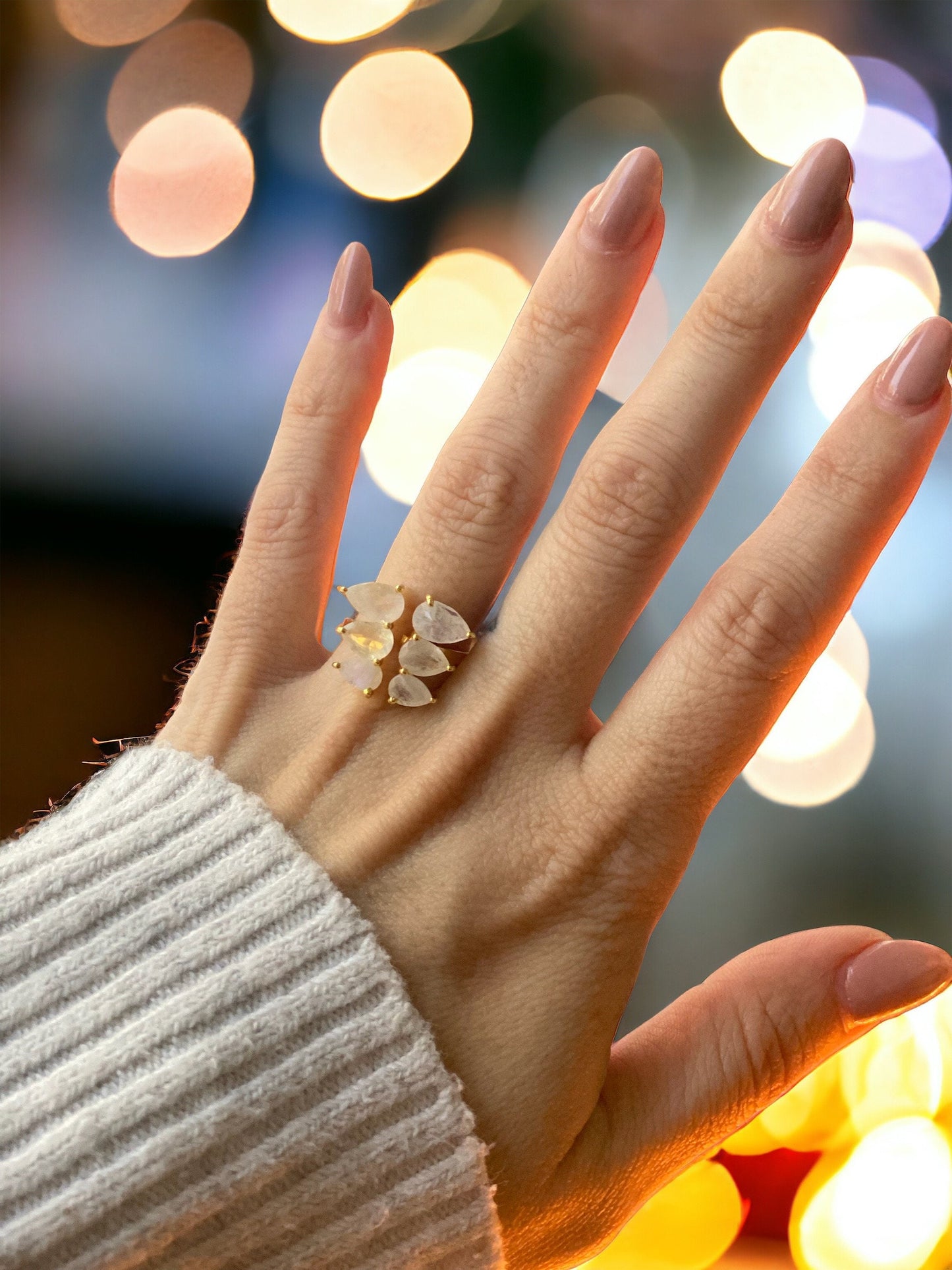 Open Moonstone Gemstone Ring Gold, Moonstone Jewelry, Gold Crystal Cocktail Ring, Adjustable Statement Ring for Women, June Birthstone Ring