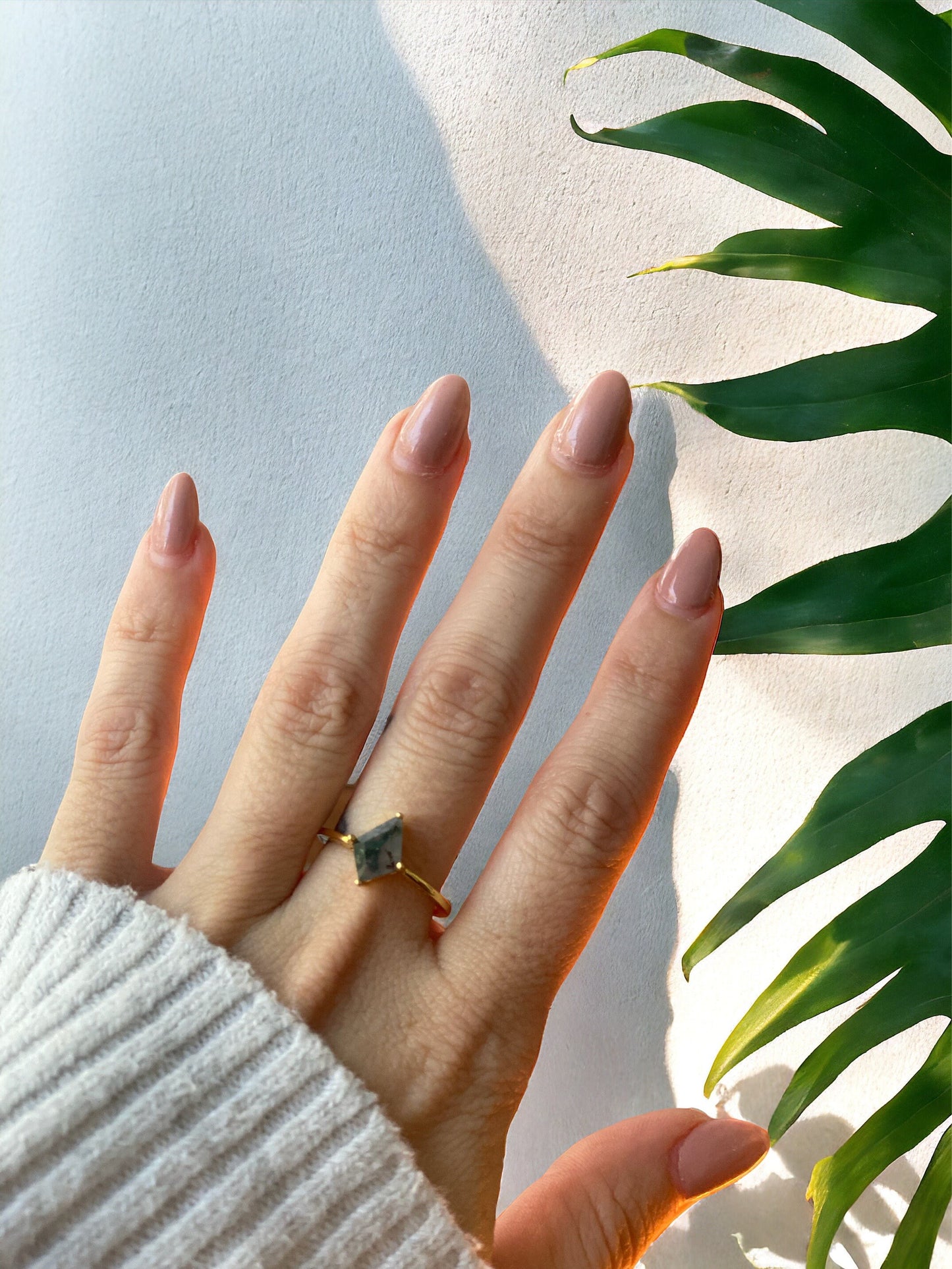 Moss Agate Ring - Kite Shape Gemstone Ring - Gold Vermeil Crystal Ring Gold