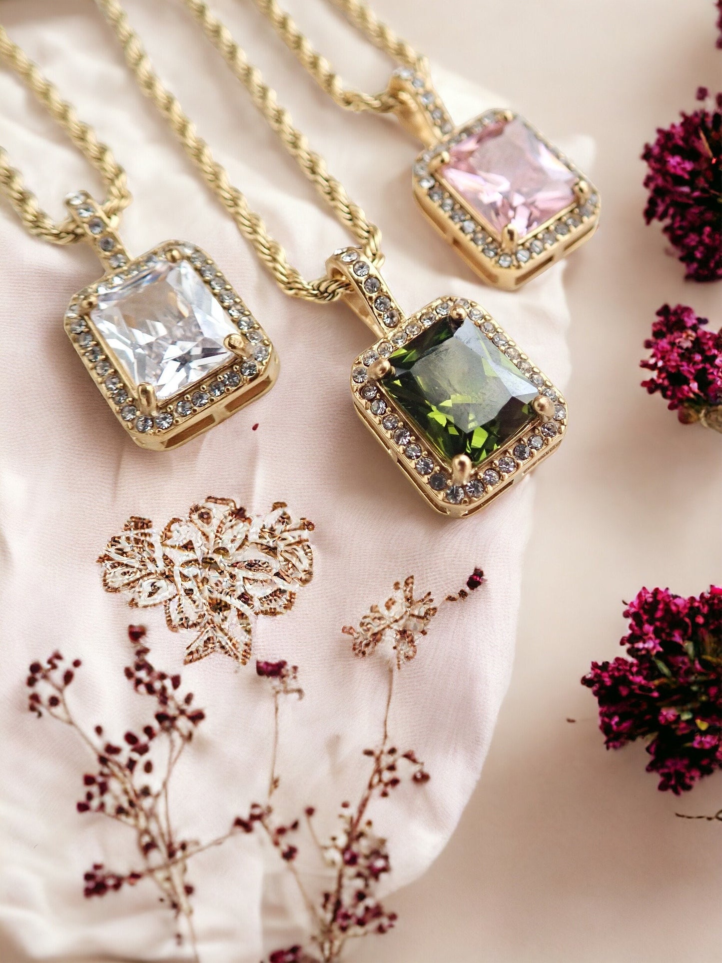 Waterproof Zircon Emerald Cut Gemstone Necklace – 18k Gold Filled Pavé Pendant on Chunky Rope Chain – Tarnish-Free Jewelry in Pink, Olivine, or Diamond