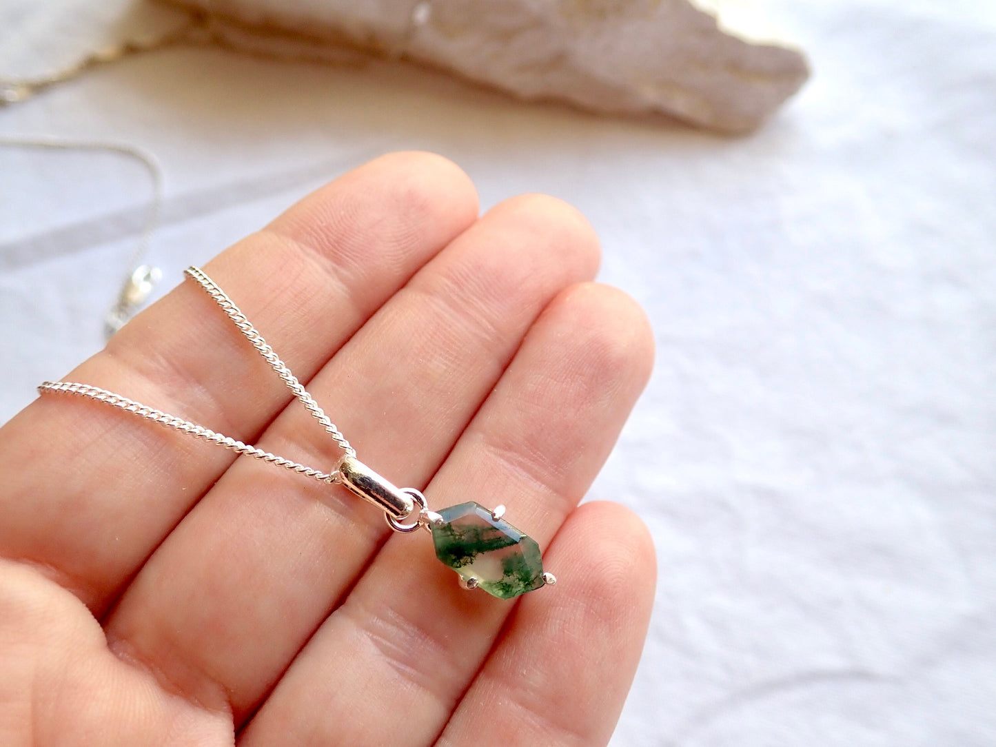 Moss Agate Necklace Silver Fill - Dainty Gemstone Necklace - Hexagon Crystal Pendant