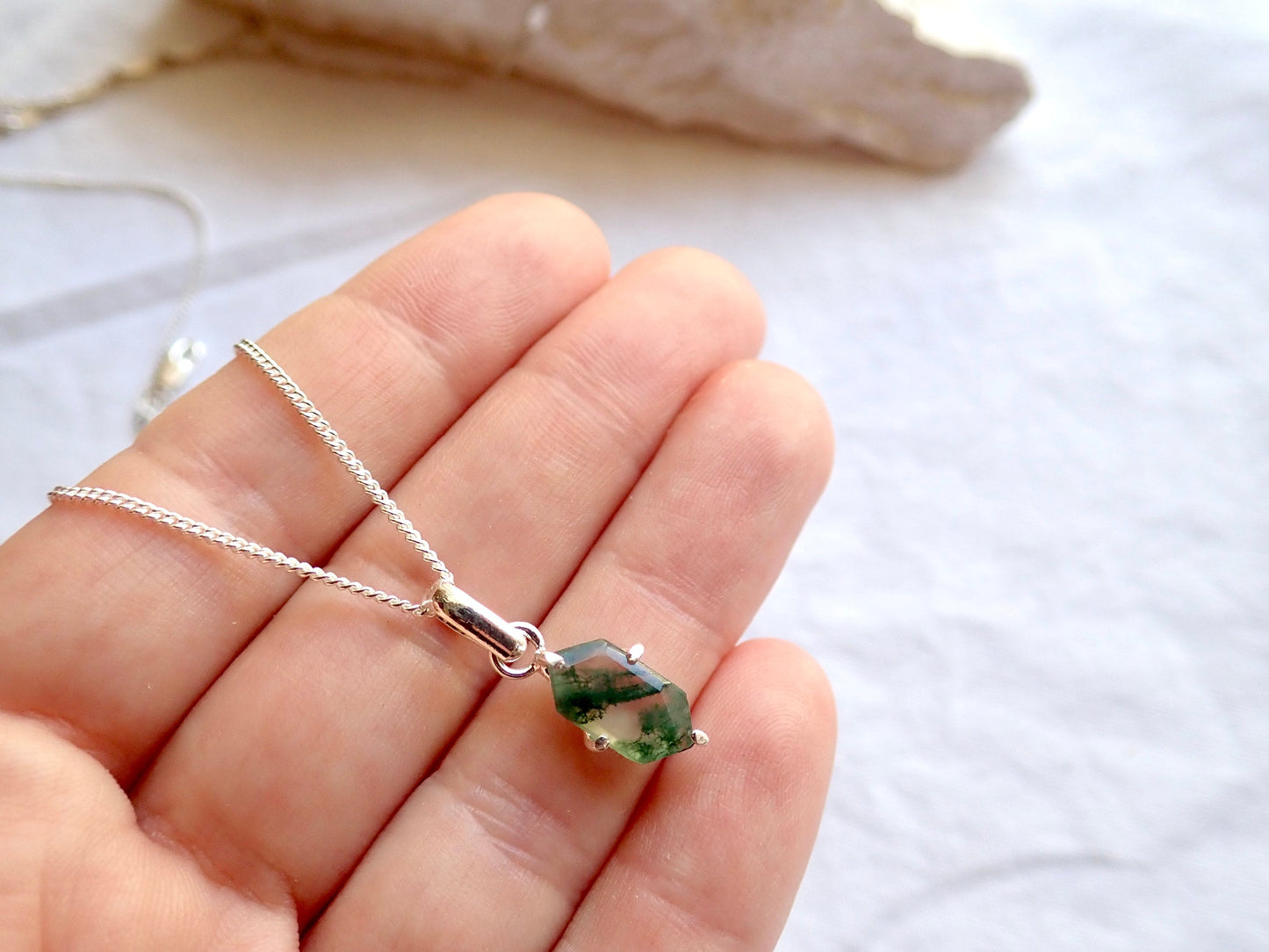 Moss Agate Necklace Silver Fill, Dainty Gemstone Necklace, Hexagon Crystal Pendant, Moss Agate Jewelry, Minimalist Layering, Gift for Her