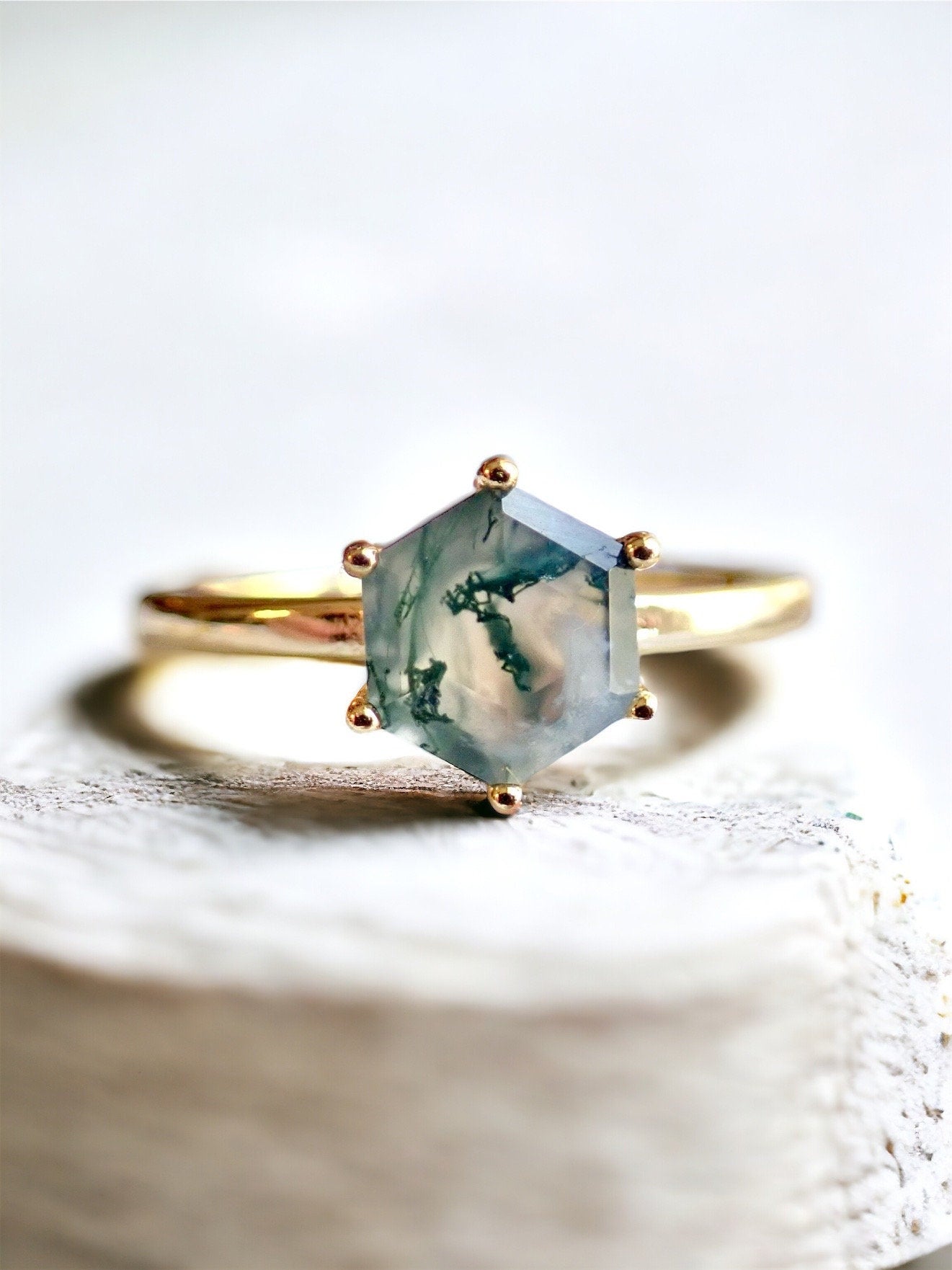 Moss Agate Ring, Hexagon Crystal Ring - Solitaire Gemstone Ring Gold