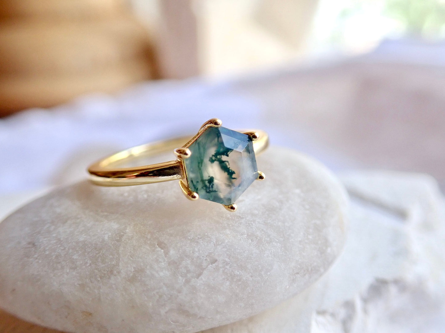 Moss Agate Ring, Hexagon Crystal Ring - Solitaire Gemstone Ring Gold