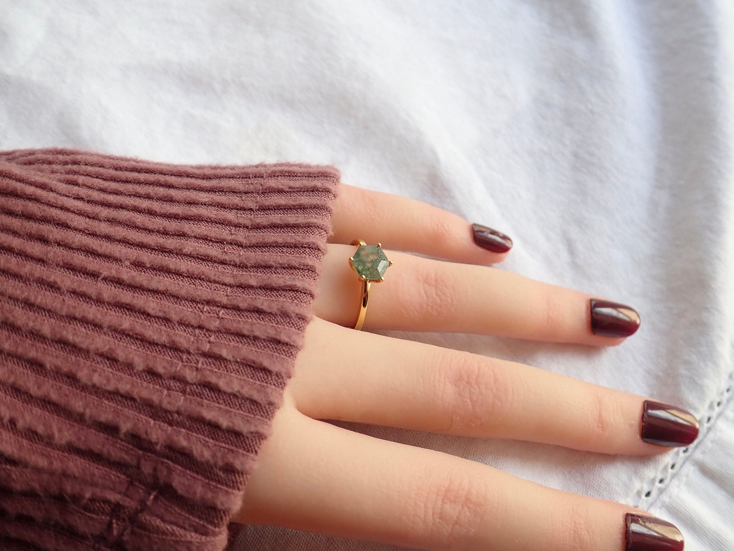 Moss Agate Ring, Hexagon Crystal Ring - Solitaire Gemstone Ring Gold
