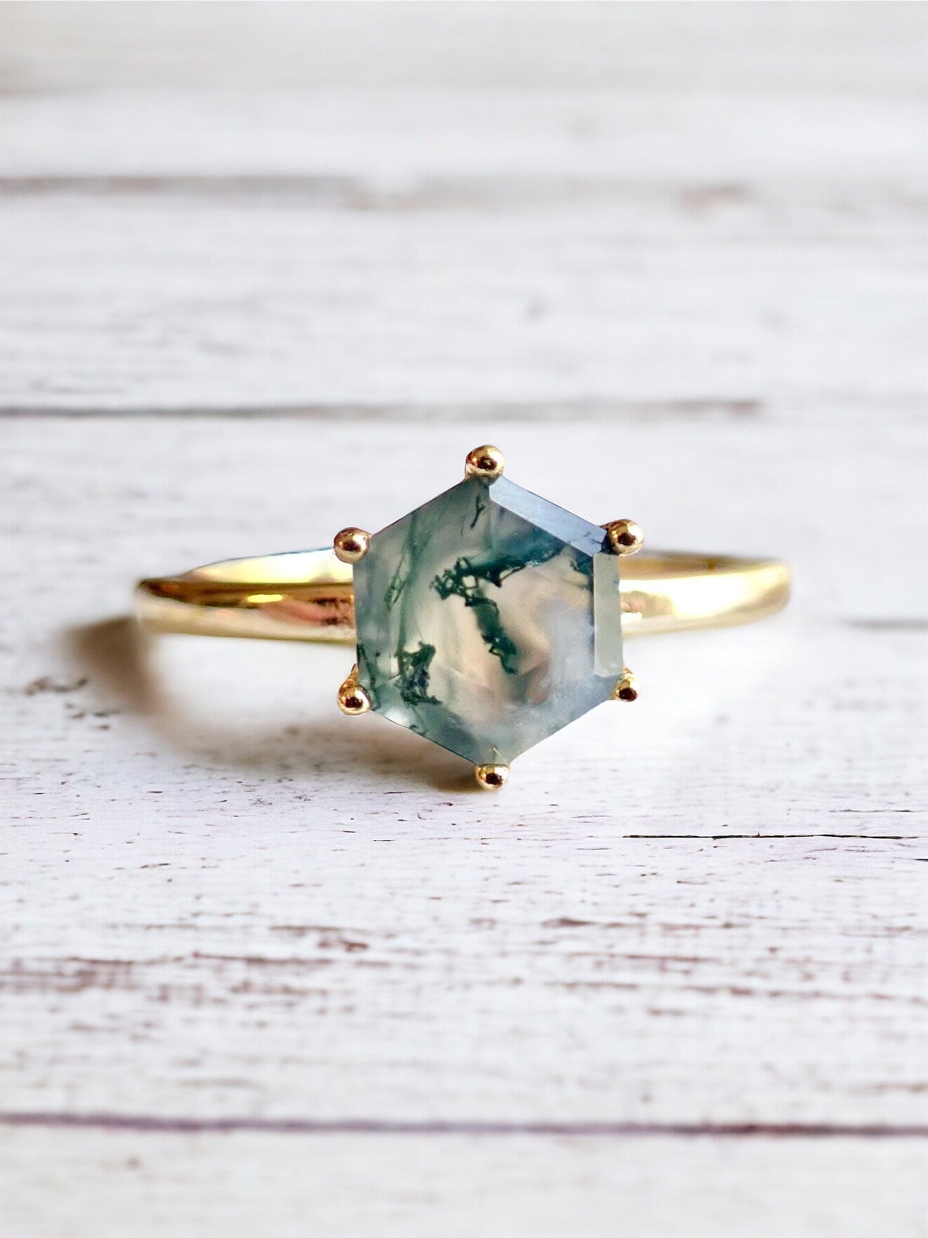 Moss Agate Ring, Hexagon Crystal Ring - Solitaire Gemstone Ring Gold