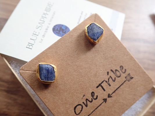 Raw Sapphire Stud Earrings | 24K Gold Vermeil Handmade Bezel | Hypoallergenic Natural Gemstone Jewelry