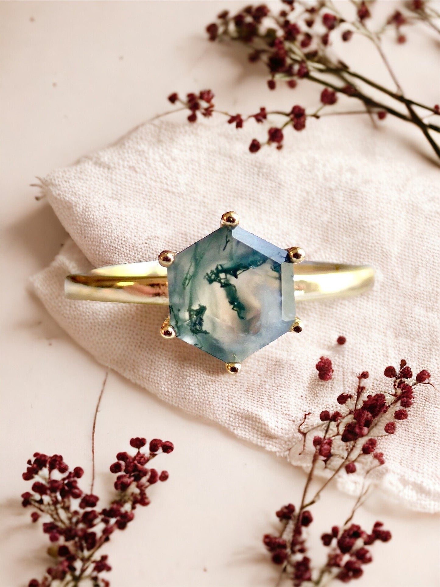 Moss Agate Ring, Hexagon Crystal Ring - Solitaire Gemstone Ring Gold