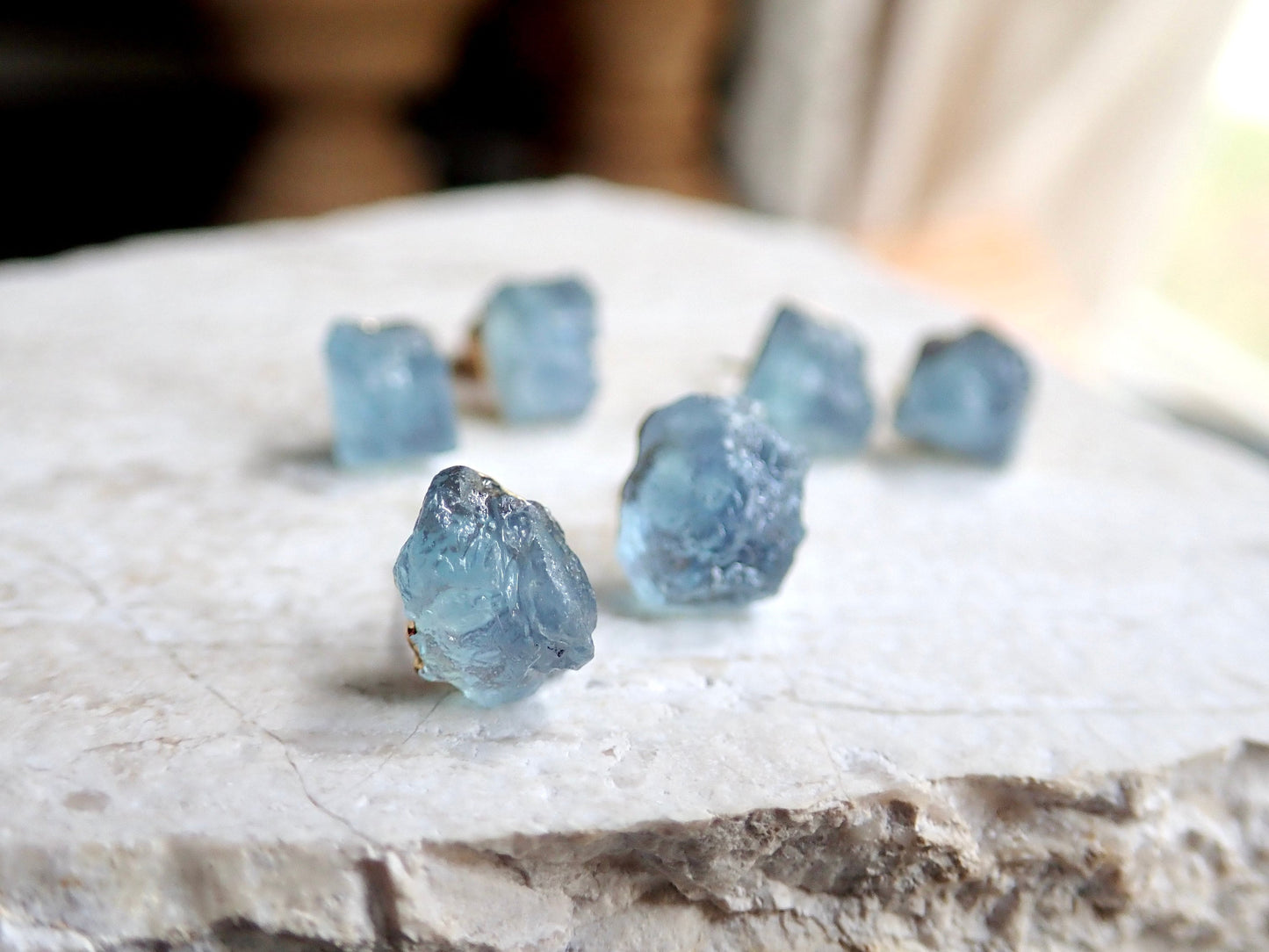 Raw Aquamarine Stud Earrings, Aquamarine Posts Gold, Aquamarine Jewelry, Blue Crystal Studs,March Birthstone Gift, Dainty Gemstone Earrings