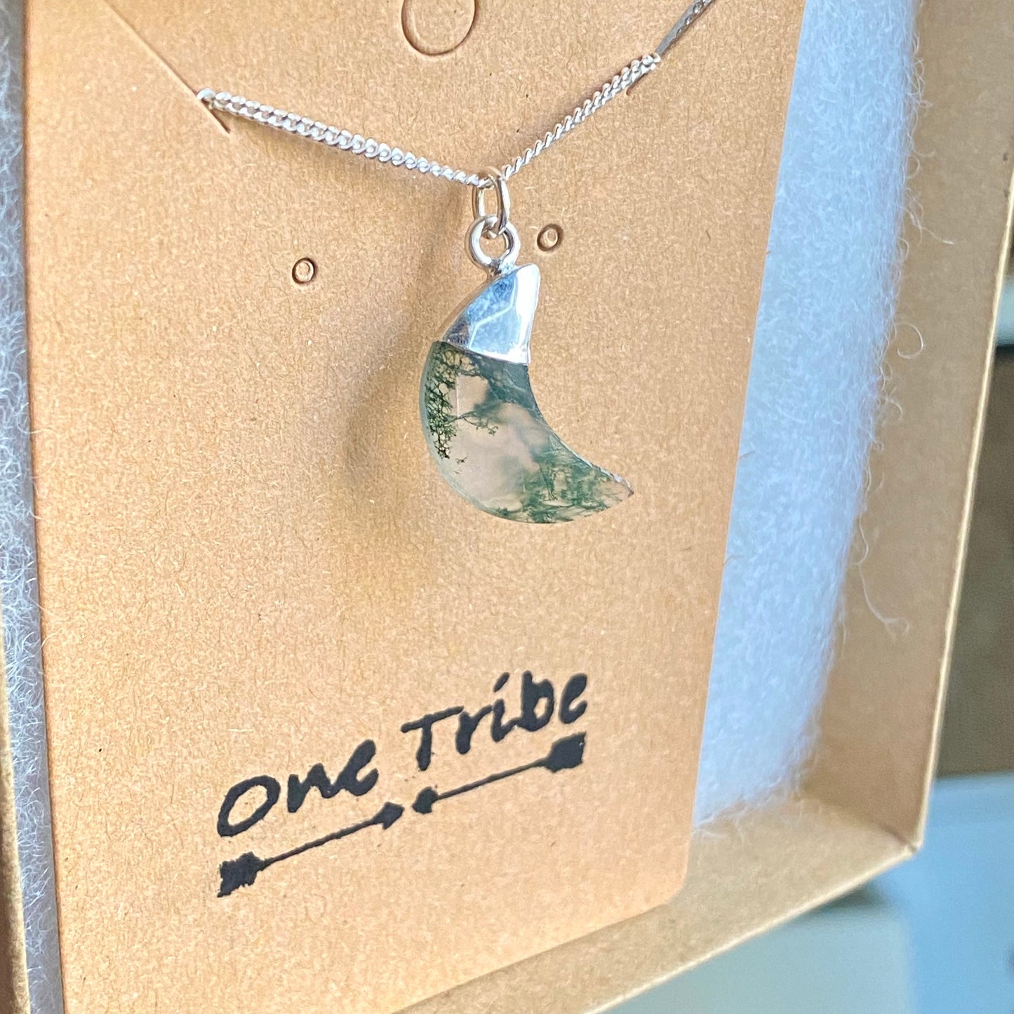 Moss Agate Necklace, Silver - Crescent Moon Pendant - Celestial Jewelry